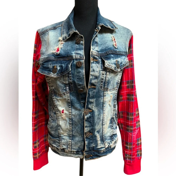 FWRD DENIM RED PLAID SLEEVE DISTRESSED GRUNGE COUNTRY WESTERN JEAN JACKET SZ S - Picture 1 of 16